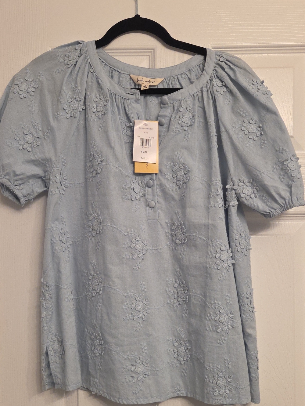 Light Blue Embroidered Puff Sleeve Blouse by Faherty